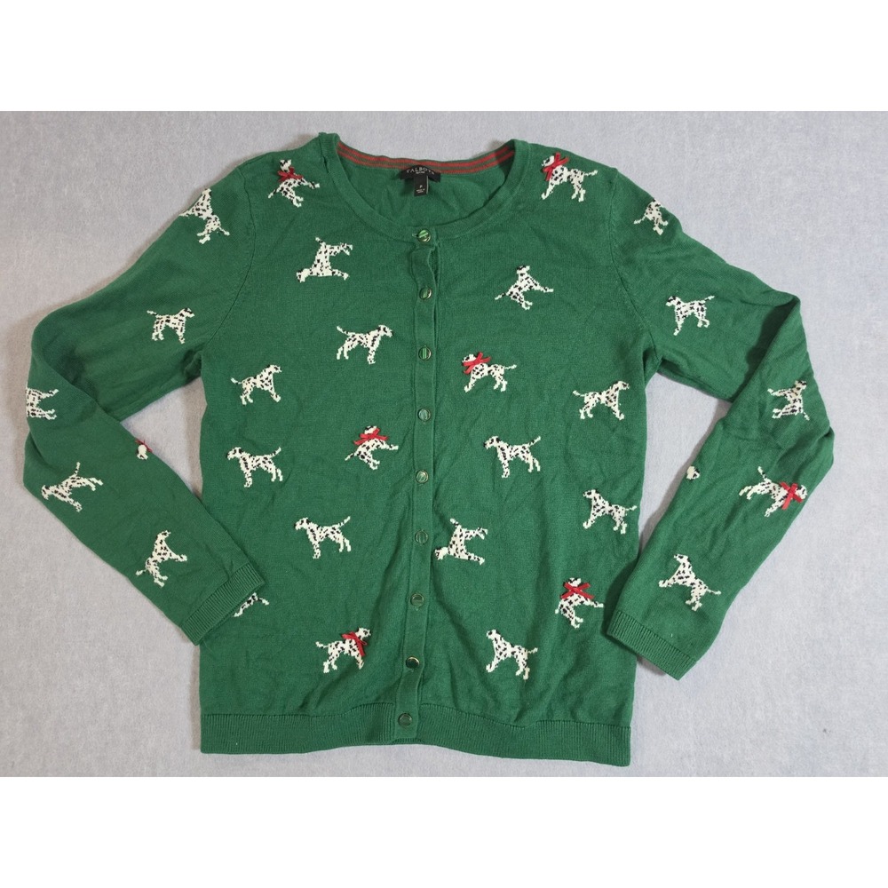 Talbots Women's S P Green Cotton Blend Christmas Cardigan Dalmations & Red Bows